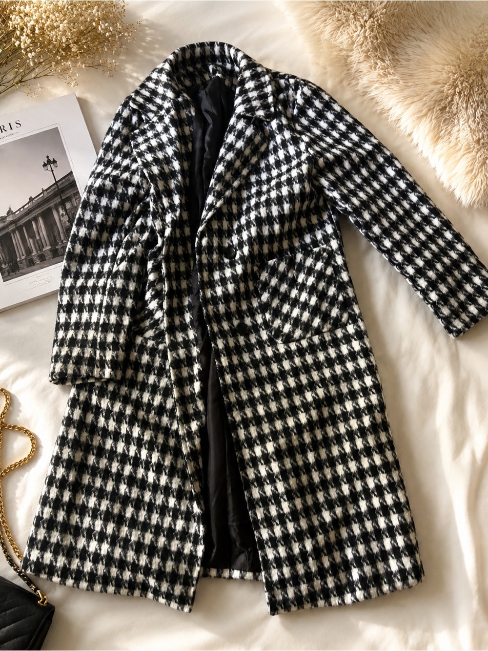 Women's Black & White Houndstooth Pea Coat